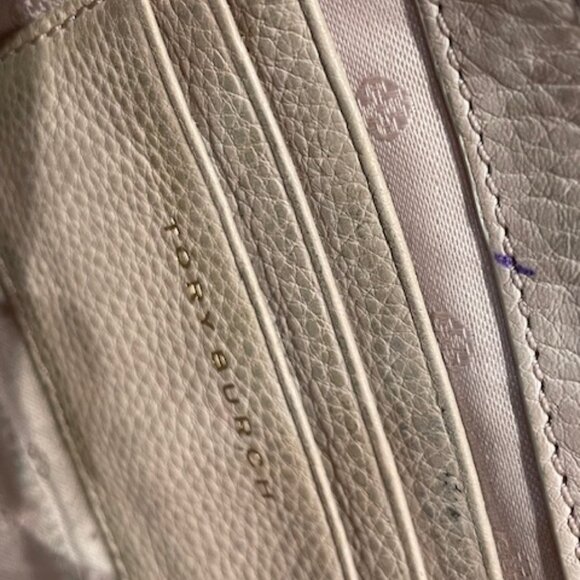 GUC TORY BURCH SIGNED BEIGE LEATHER CROSSBODY CHAIN STRAP X-OVER SMALL BAG PURSE - Picture 6 of 11